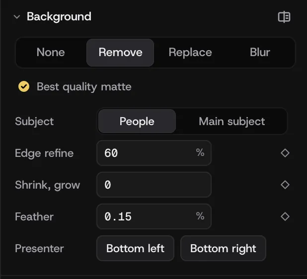 The clip’s Background section: None, Remove, Replace and Blur, a best quality matte, People or Main subject, edge refine, shrink or grow, feather, and the presenter in the bottom left or right.