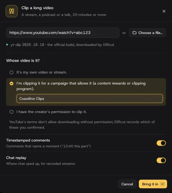 Clip a long video: a link, then “Whose video is it?” with three answers: my own video, a campaign that allows it, or the creator’s permission. A note says YouTube’s terms don’t allow downloading without permission.