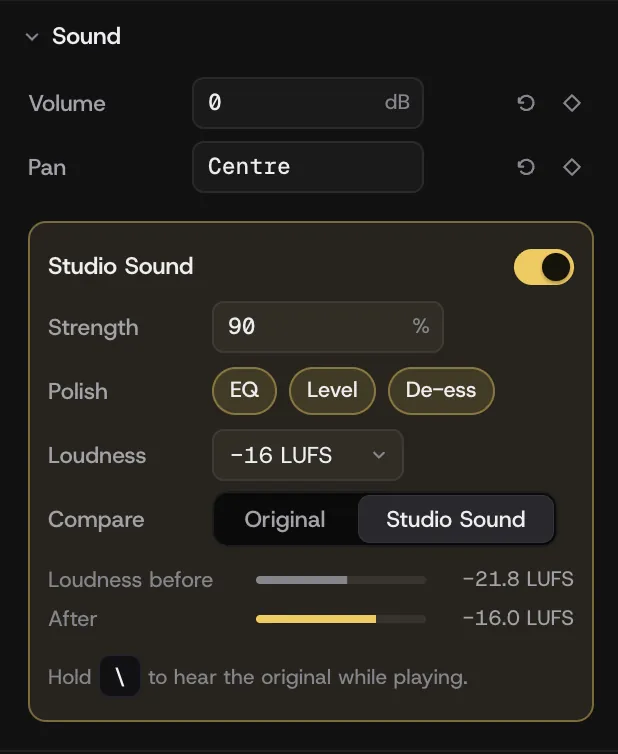 The Studio Sound panel: switched on at 90% strength with EQ, Level and De-ess, a −16 LUFS target, a compare switch, and loudness from −21.8 LUFS before to −16.0 after.